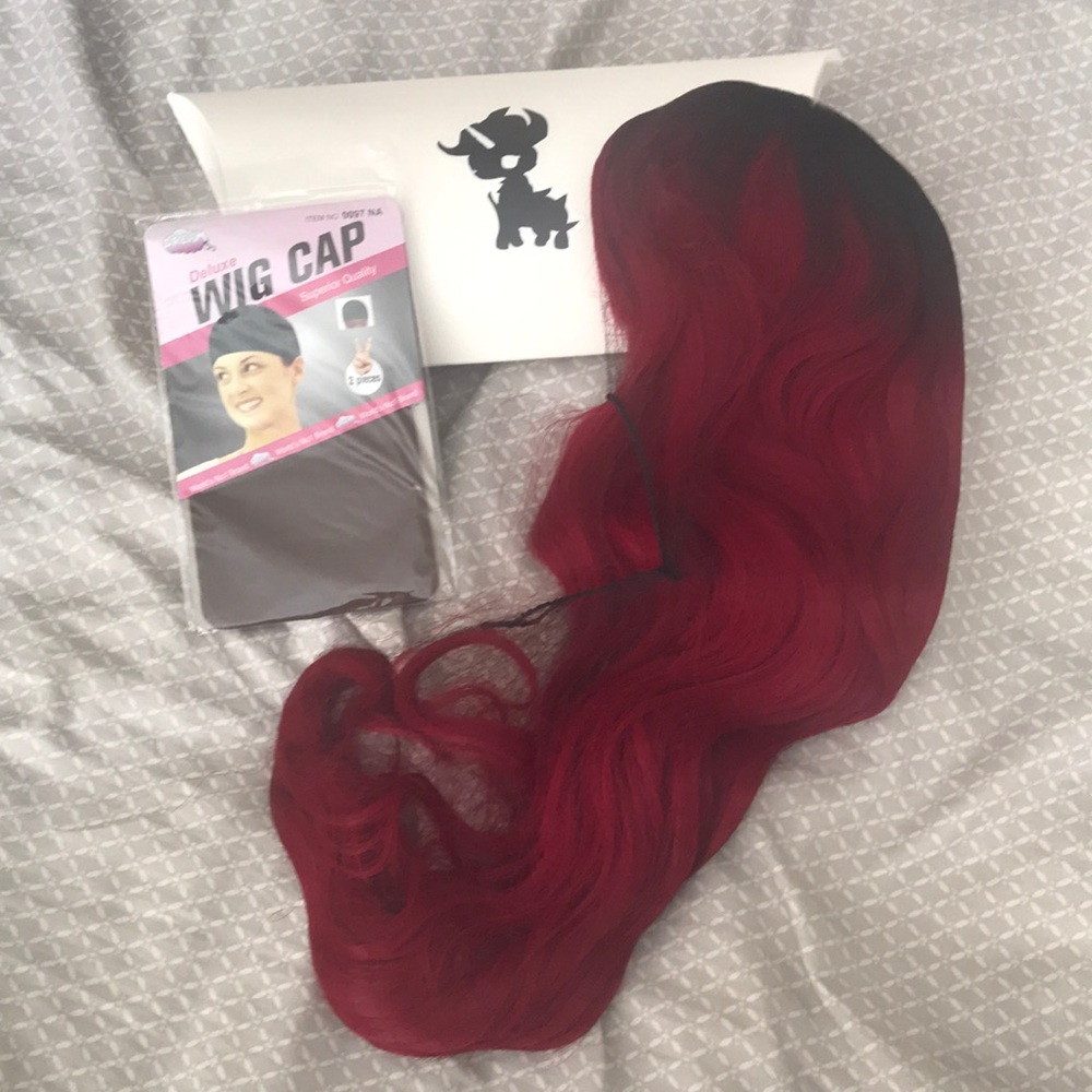 New Long Wavy Synthetic Black Root Red Lit Unicorns Wig